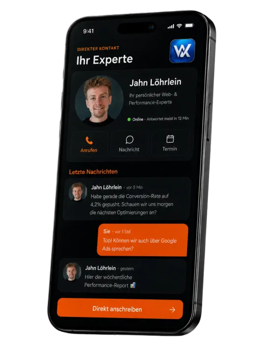 WebXpert Solutions Dashboard Mockup – Direkter Kontakt