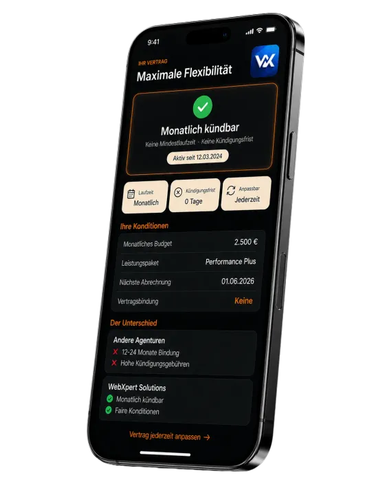 WebXpert Solutions Dashboard Mockup – Vertragsfreiheit